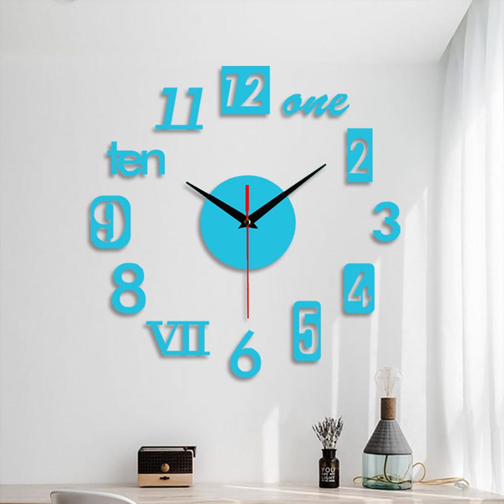 Frameless DIY Wall Mute Clock 3D Mirror Surface Sticker Home Office Decor CD: Sky Blue
