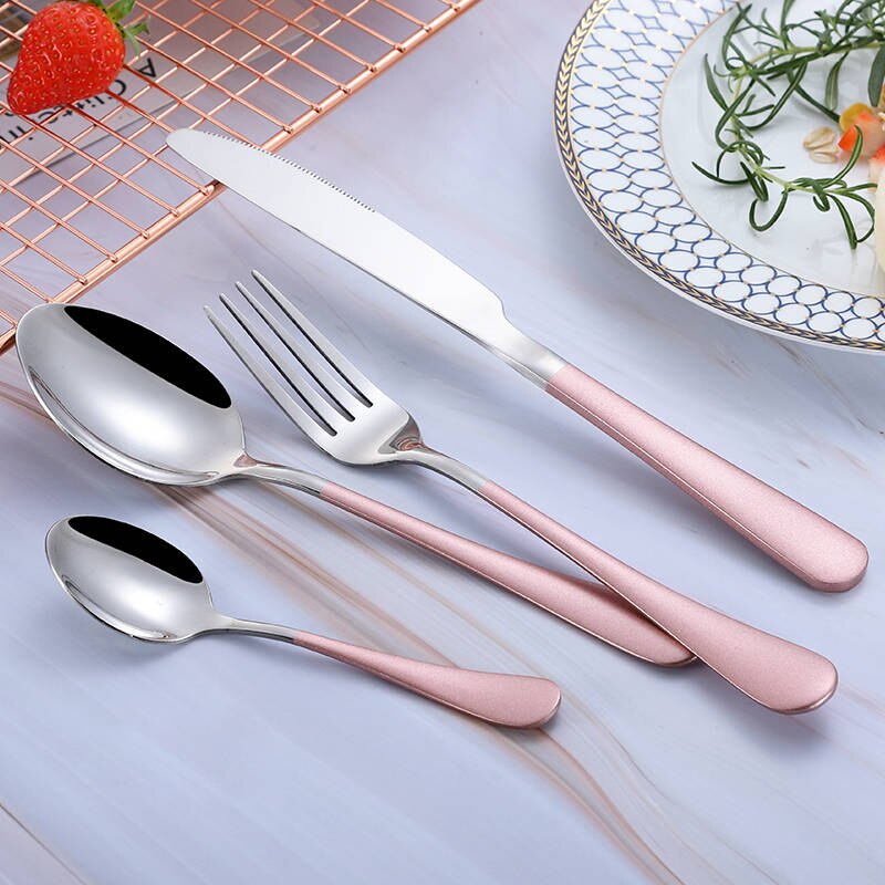Tablewellware Cutlery Forks Knives Spoons Stainless Steel Dinner Set Dinnerware Sets Tableware Dining Fork Spoon Knife Set: pink silver 1 set