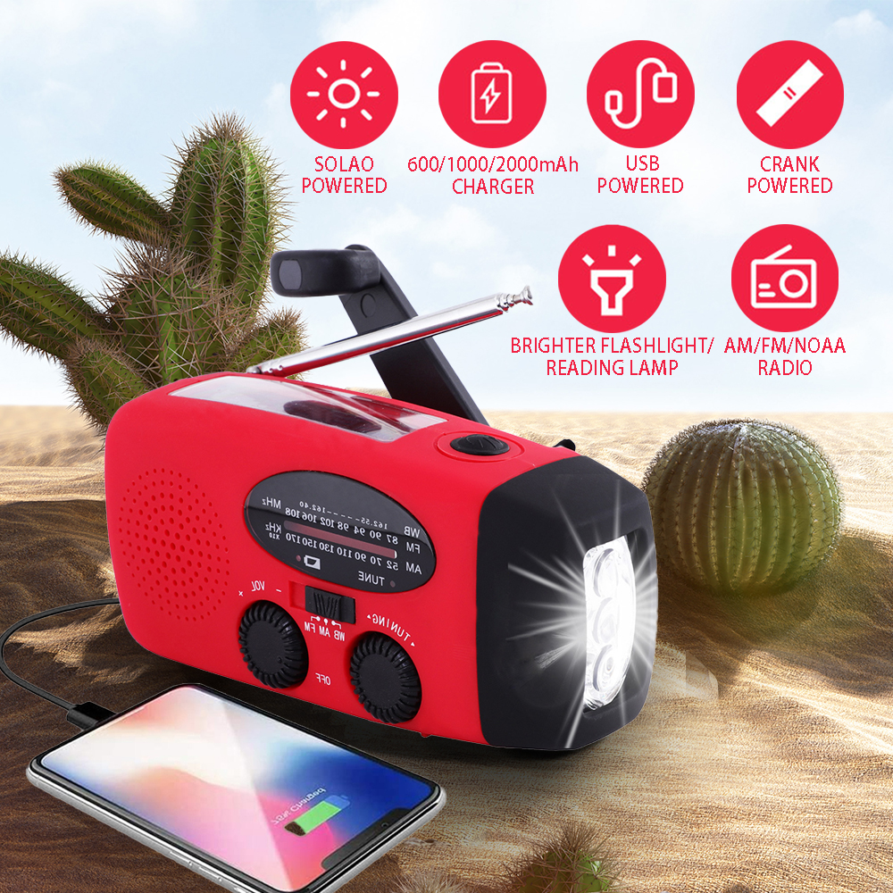 Radio awaryjne 2000 mAh ze światłami LED Radio USB Lampa do ładowania słonecznego Podróż na zewnątrz Przenośne radio FM/AM z możliwością ładowania