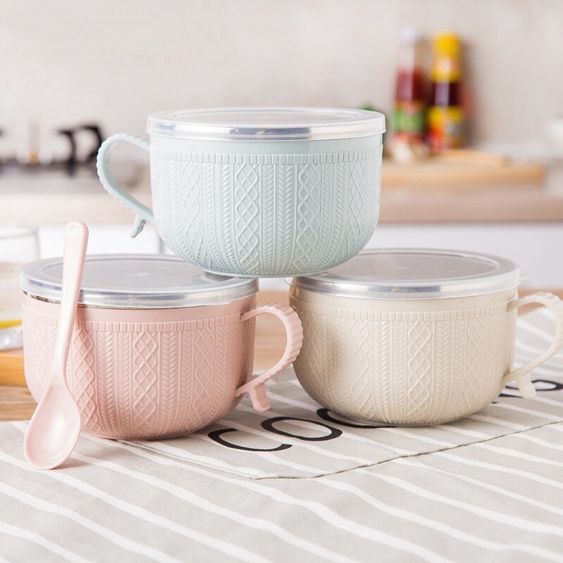 Stainless Steel Double Layer with Lid and Spoon Bowl Set Noodle Bowl Instant Noodle Bowl Anti-scalding Cute Rabbit Cutlery Set