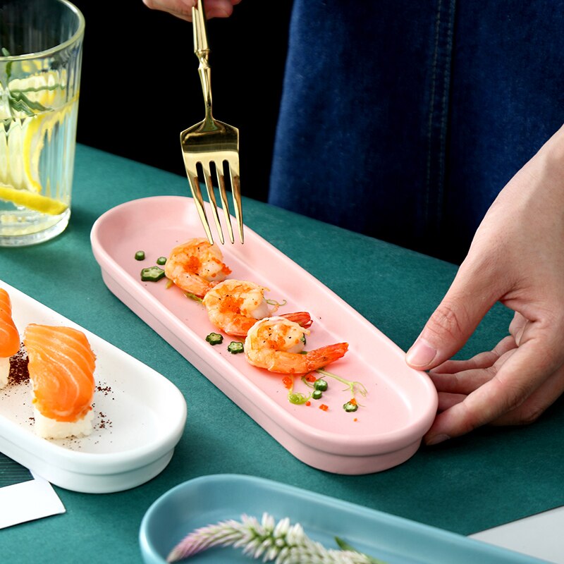 Oval Rectangular Ceramic Plates Pink Simple Long Plate Oven Dish Breakfast Flat Plate European Style Salad Cutlery