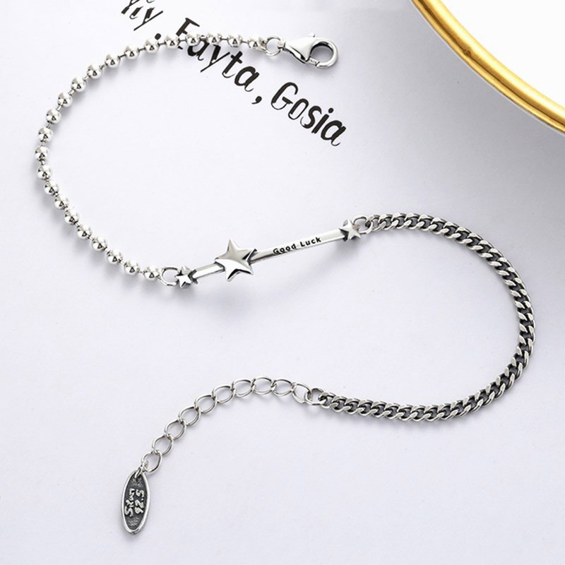 Foxanry 925 argent Sterling étoiles chanceux Bracelets pour femme Vintage pentagramme anglais lettre pendentif fête bijoux