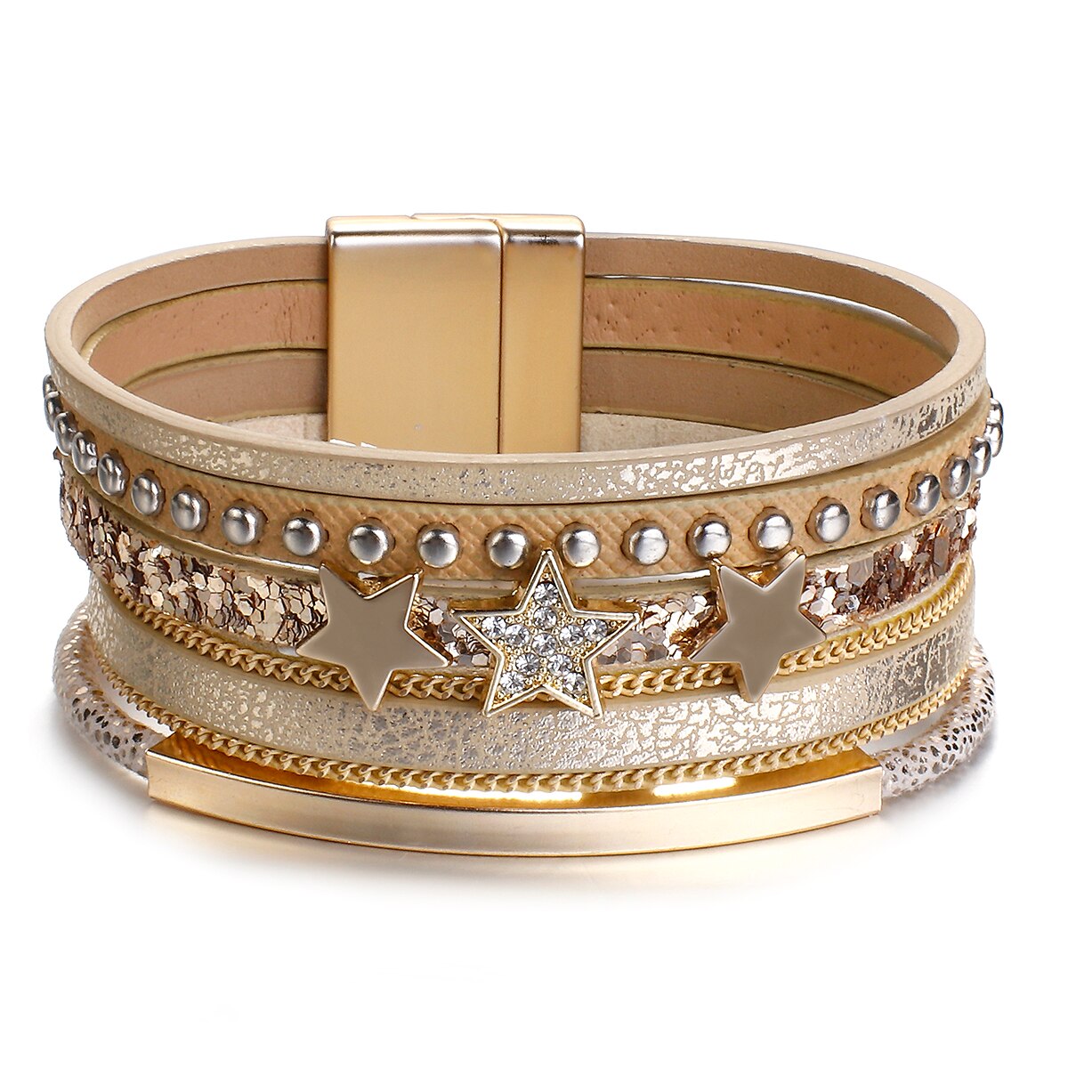 Allyes rhinestone stjerne charme læder armbånd til kvinder boho flerlags punk nitte bred wrap armbånd kvindelige smykker: Khaki