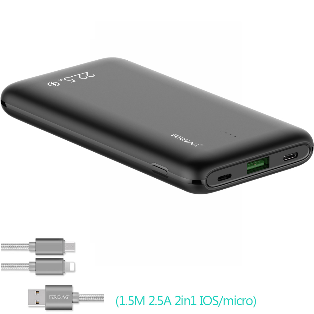 FERISING – chargeur Super rapide 5A VOOC SCP 10000mah, batterie externe USB type-c PD QC 3.0, Powerbank pour Oneplus Dash 6T: Black(2IN1 cable)
