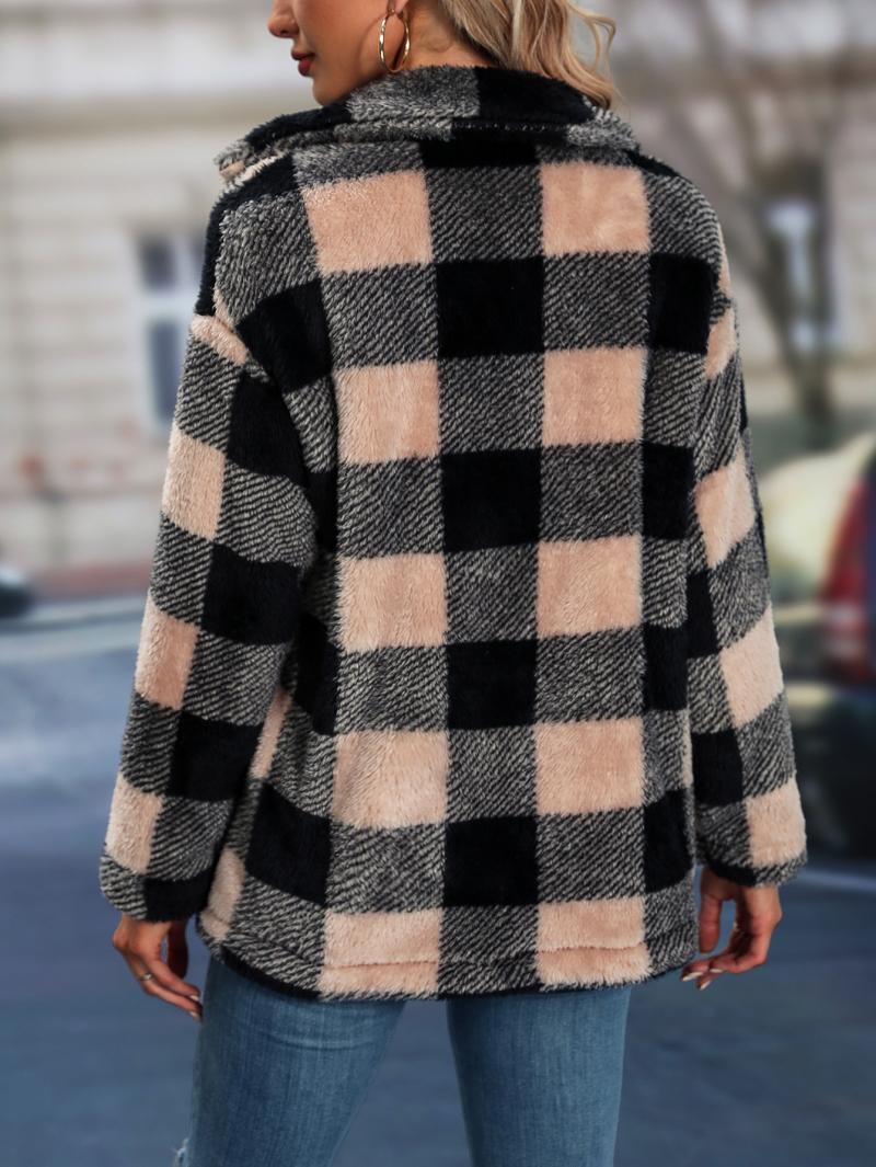 Jahrgang Jacke für Frauen Mantel Winter Oberbekleidung Knopf Karo Streetwear Tasche Outfit koreanische Herbst weibliche Kleidung