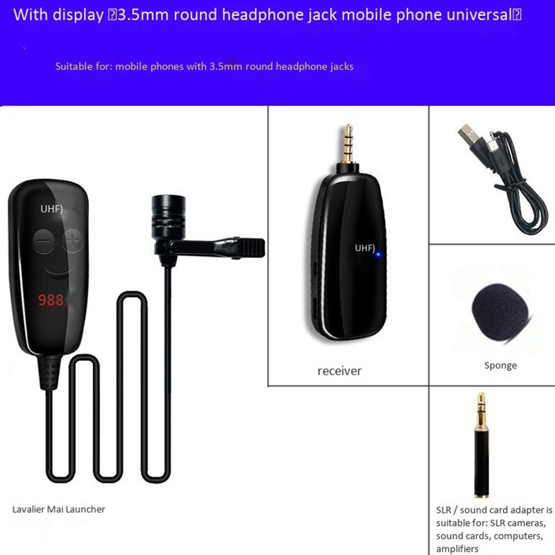 UHF Microphone Lavalier Wireless Microphone Interview Microphone with LCD Display for Smartphone