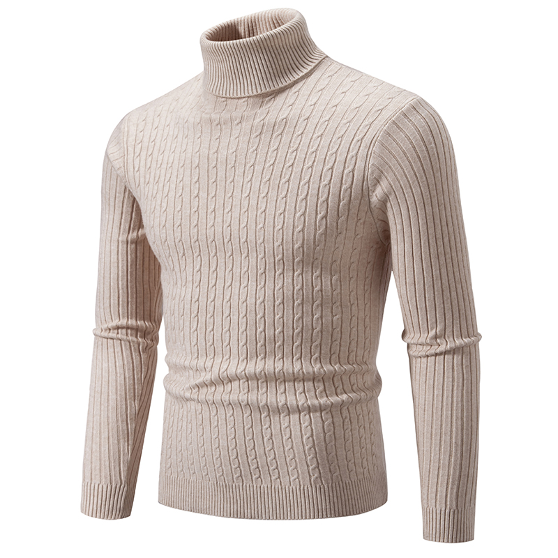Herregenser med høy hals ensfarget pullover strikket varm avslappet polokrage joggetøy ull herre vinter utendørs topper: L / Beige