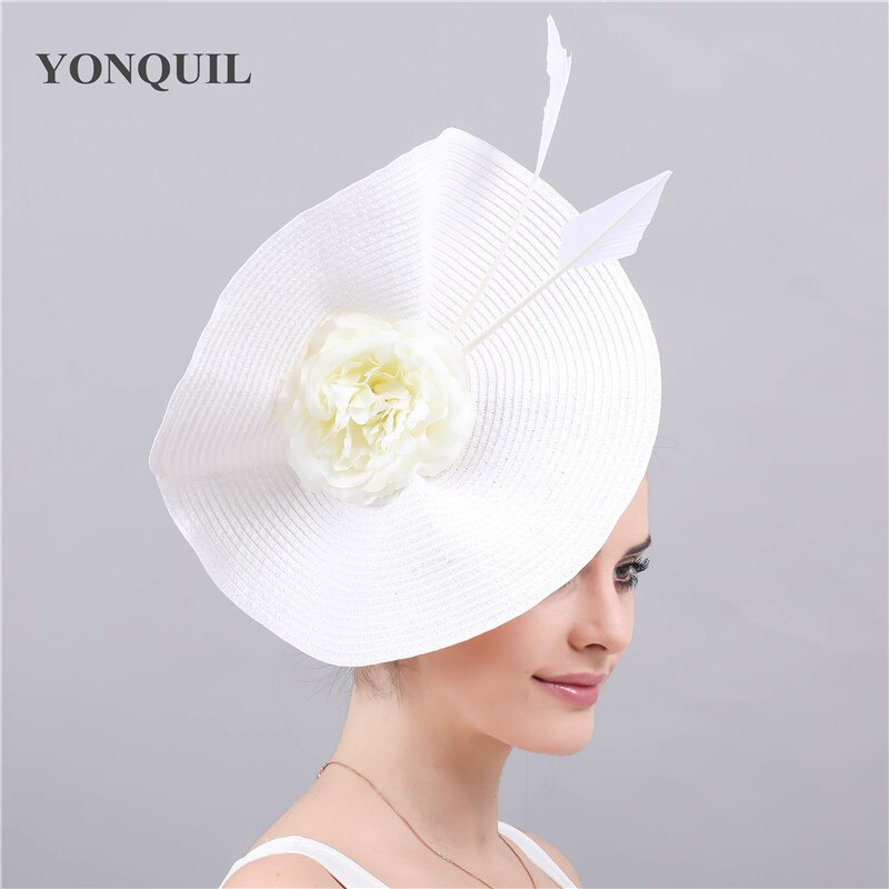 Grand chapeau de mariage blanc en paille pour femmes, Imitation, couvre-chef pour mariée, fascinateur, avec fleur à la , accessoires pour cheveux: WHITE