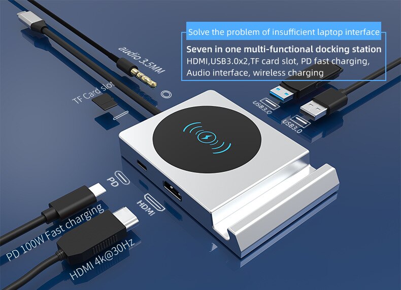 Type-c Docking Station 7-in-1 Inductive Charging USB3.0 to HDMI Hub Hub TF Card Reader for apple macbook