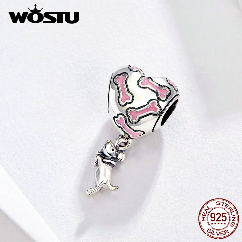 WOSTU Buddy Dog Bone Heart Dangle Charm 100% 925 Sterling Silver Beads Fit Original Bracelet Necklace Silver 925 Jewelry CQC1199