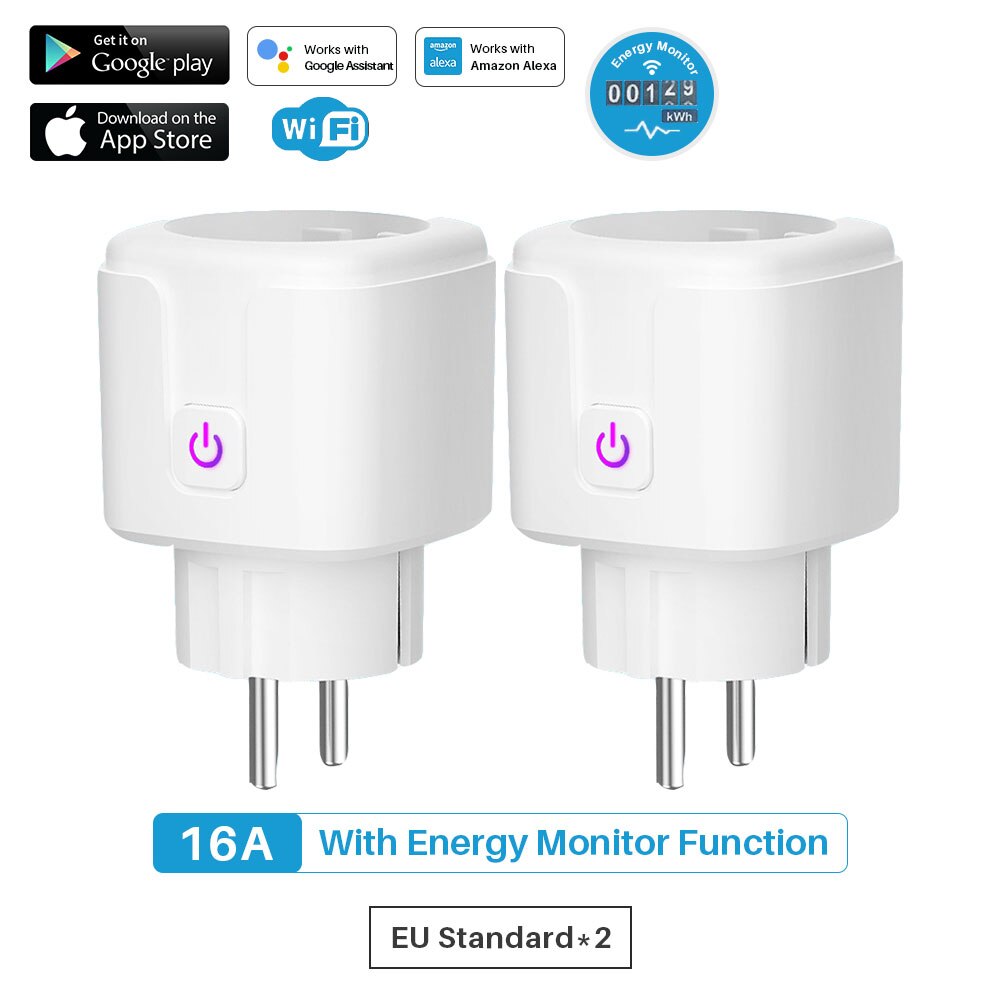 Tuya 16A Smart Plug Wifi Socket Eu Power Monitor Timing Functie Smart Leven App Afstandsbediening Werkt Met Alexa Google assistent: 2PCS