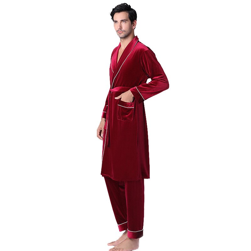 Zijde Pyjamabroek Slapen Jurk Mannen Szata Zestawy Robe De Chambre Homme Gouden Fluwelen Herfst En Winter Nachtjapon Broek