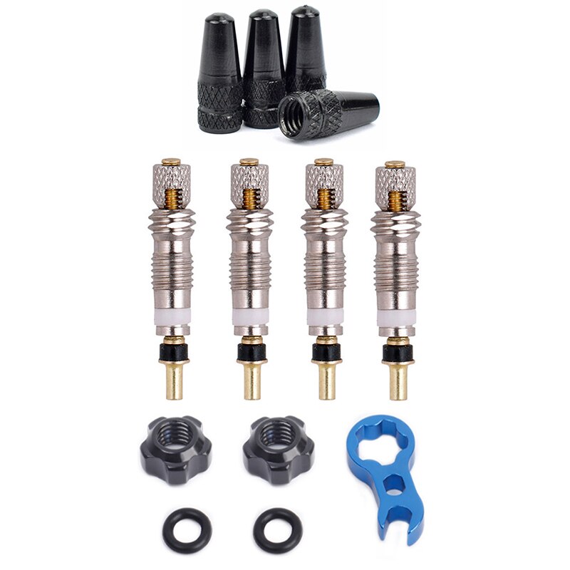 4 stücke Fahrräder Zubehör Presta Ventil Stem Caps + 4 stücke Ventil Kerne + Schlüssel Fahrrad Werkzeug Kit Staub Staub kappen Bike Zubehör: Upgrade set black