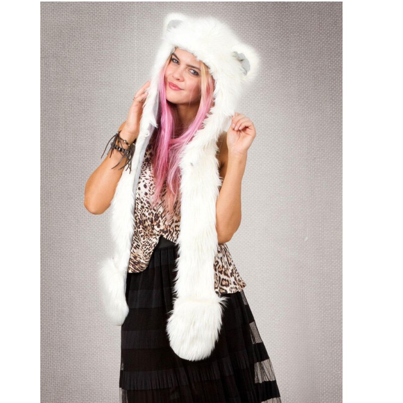 Kvinde tørklæde vinter bomuld fuld dyrehætte hættetrøje hat imiteret pels 3 in 1 funktion pote vanter handsker: Hvid