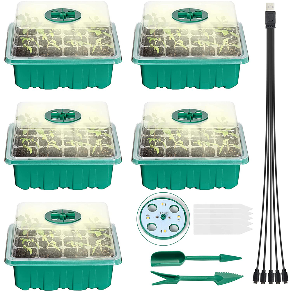 Kit de bandeja de semillero de 60 celdas, bandejas de inicio de semillas con luz de crecimiento y humedad ajustable, bandejas de vivero de semillas, Kit de cultivo, 5 paquetes: 5 Pack Green