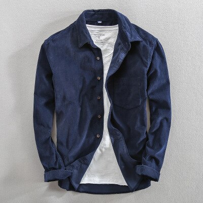 Mænd forår og efterår mærke i japansk stil vintage ensfarvet fløjlsskjorte herre afslappet tynde bomulds skjorter med lange ærmer: Dyb blå / Asiatisk størrelse xxxl