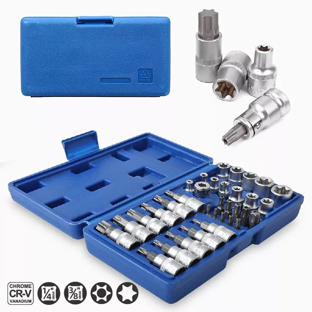 34Pcs Torx Star Sockets & Bit Set with Box Male / Female E-Security Bits Drive Handheld Tool Torque Star Socket Disassembly Tool
