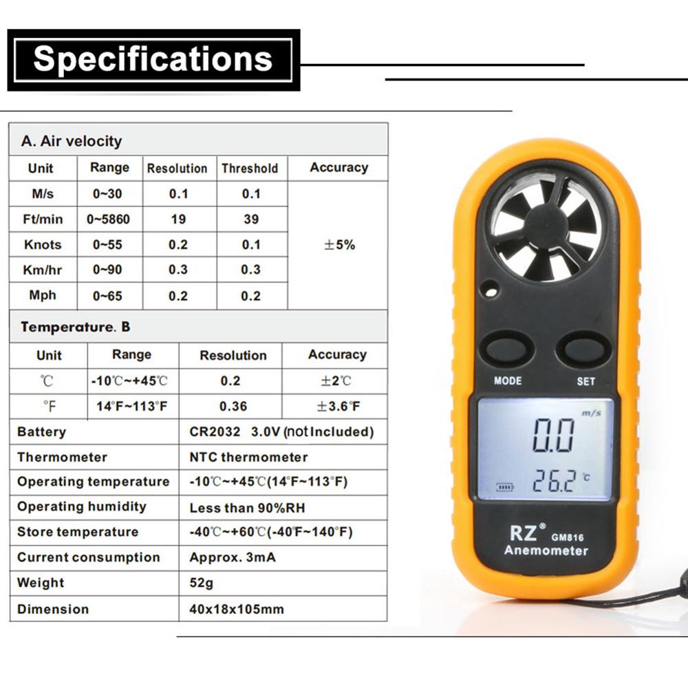 Anemometer Portable Anemometro Thermometer GM816 Wind Speed Gauge Meter Windmeter 30m/s LCD Digital Hand-held Anemometer