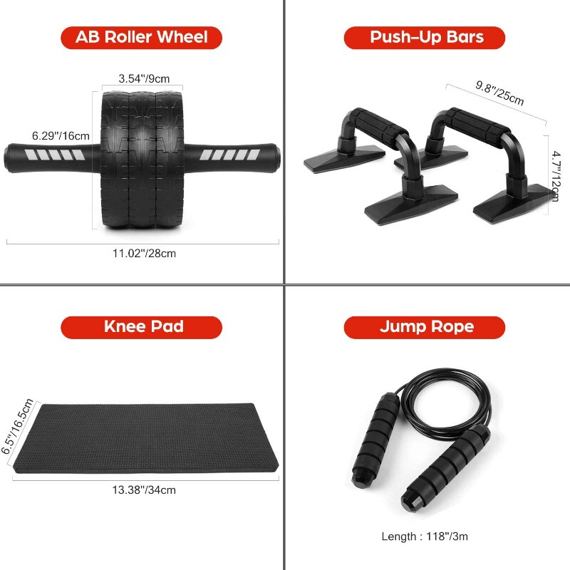 Ab Roller Wheel Set Push Up Bars with Resistance Bands Jump Rope Knee Pad for Abdominal Core Home Gym Workout Equipment