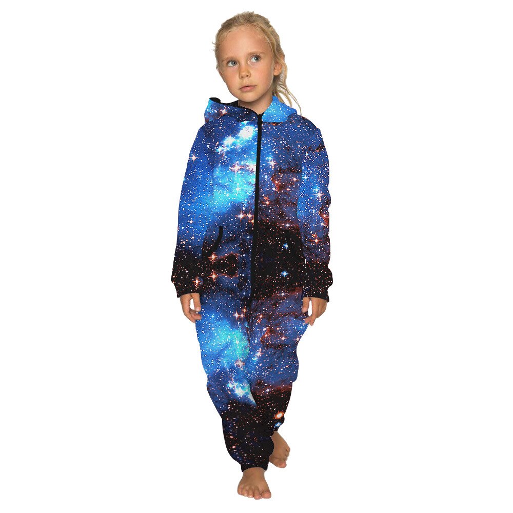 Starry Sky Child Wear Zipper Hooded Sweatpants Loose Fleece Jumpsuit