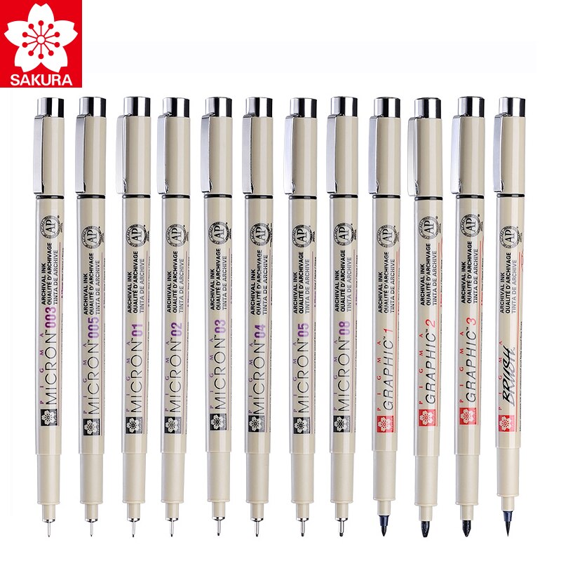 SAKURA PIGMA-bolígrafos Micron con punta de aguja, 003, 005, 01, 02, 03, 04, 05, 08, pincel fino, trazador de líneas, marcadores de dibujo, papelería japonesa
