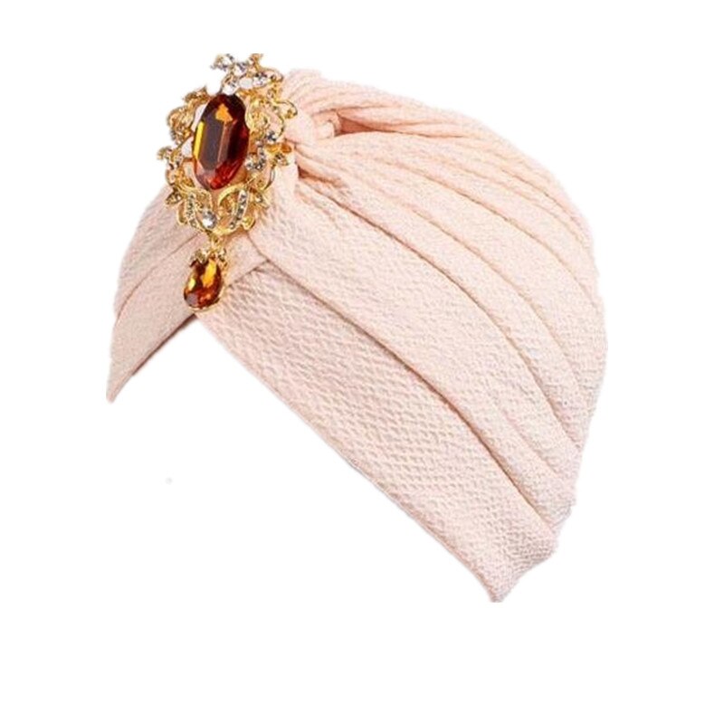 Kvinnor indisk hatt muslim sträckbar kemo cap huvud wrap turban mössa dam hatt islam veckad rhinestone motorhuv håravfall: 01 beige