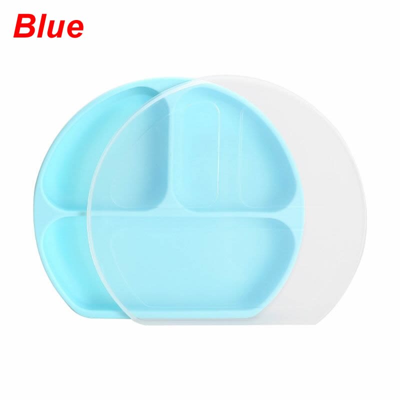 Plato de bebé de silicona de grado alimenticio plato de agarre de Base de succión dividido rosa con tapa R2JF: Blue