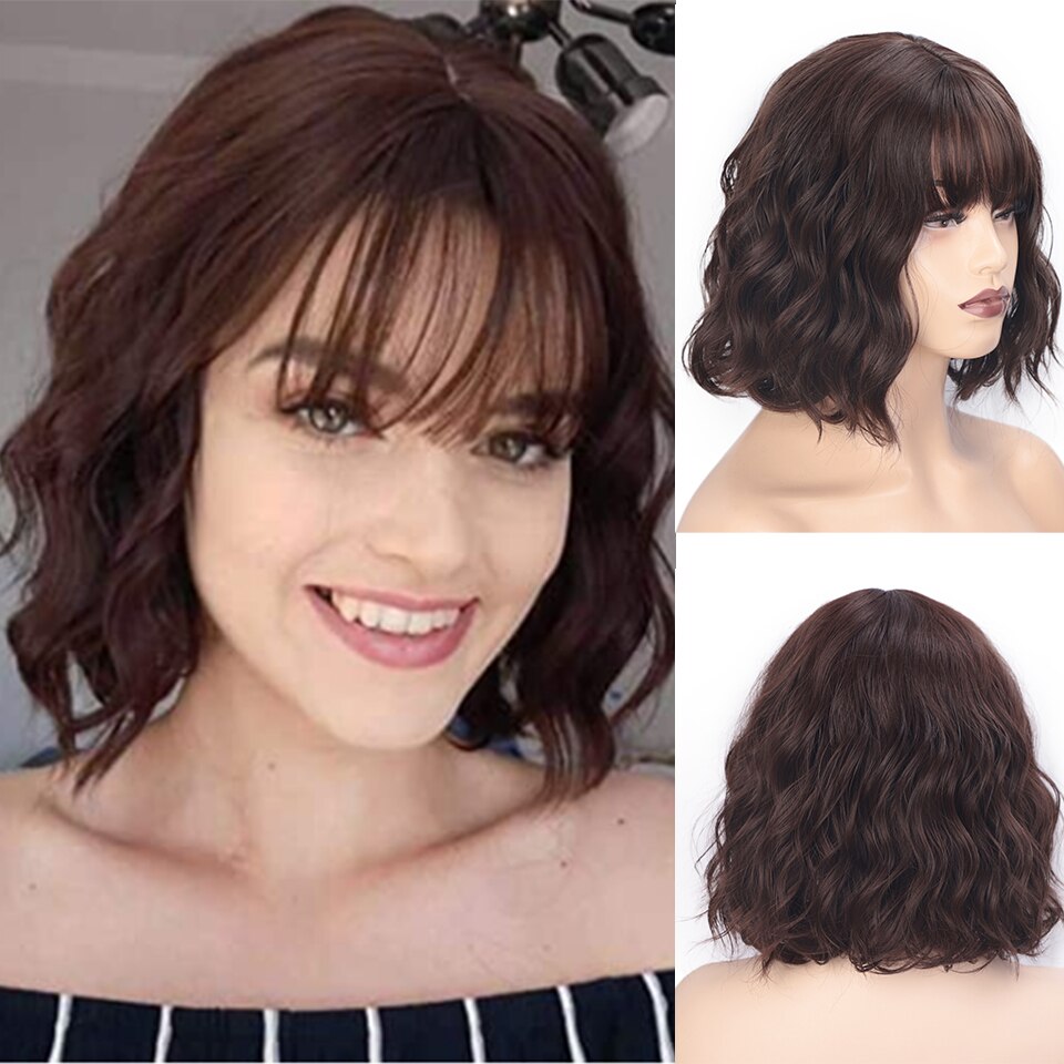SUe EXQUISITE Wavy Wig 12'' Short Bob Wigs With Air Bangs Shoulder Length Women's Curly Wavy Short Wig for Halloween Costume: MS1936-8-33