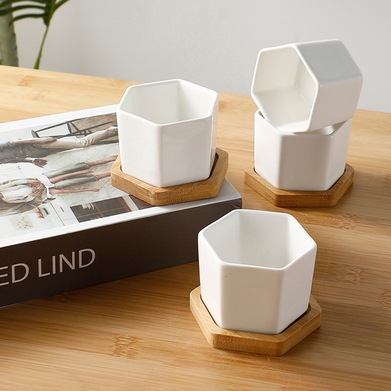 Maceta de cerámica hexagonal blanca con bandeja, maceta Europea Simple, contenedor de plantas suculentas, macetas pequeñas para bonsái