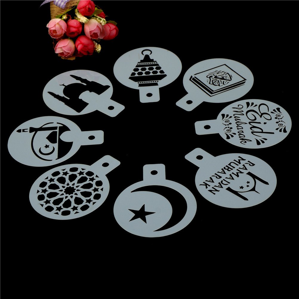 Eid moubarak Ramadan blanc en plastique café impression modèle Spray pochoir Fondant gâteau Biscuits décoration outils 8 pièces/ensemble
