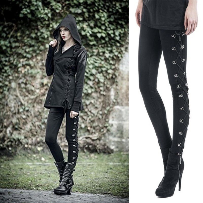 Gothic Street Style Leggings Frauen Dünne Schwarze Hosen Hohe Taille Butt Lifting Lace Up Leggings Outdoor Walking Hosen