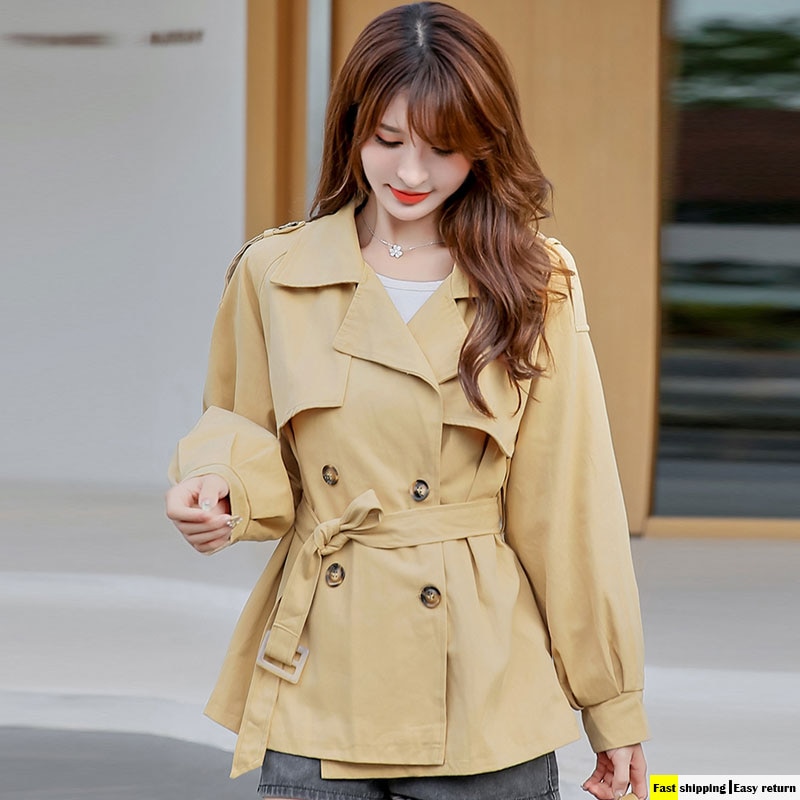Kvinder trenchcoat khaki kort afslappet koreansk tidligt efterår stil lille vindjakke talje bælte outwear jakke frakke kvinder