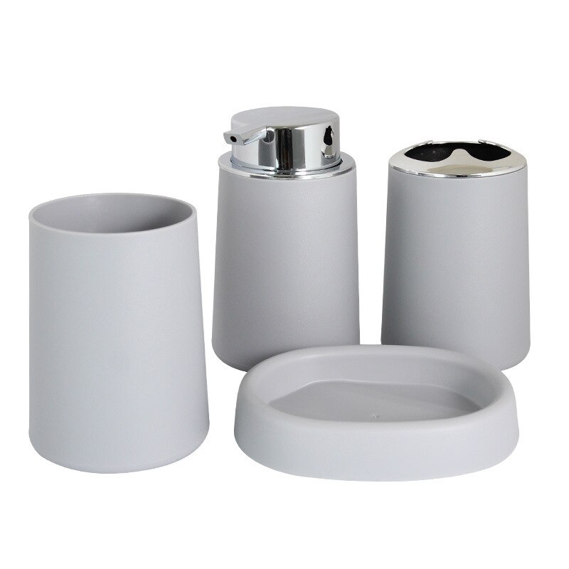 Bamboe Badkamer Accessoires Set Plastic Badkamer Kit Zeep Dispenser, Tandenborstel Beker, Zeepbakje, Toiletborstel Houder, prullenbak: Gray 4pcs B