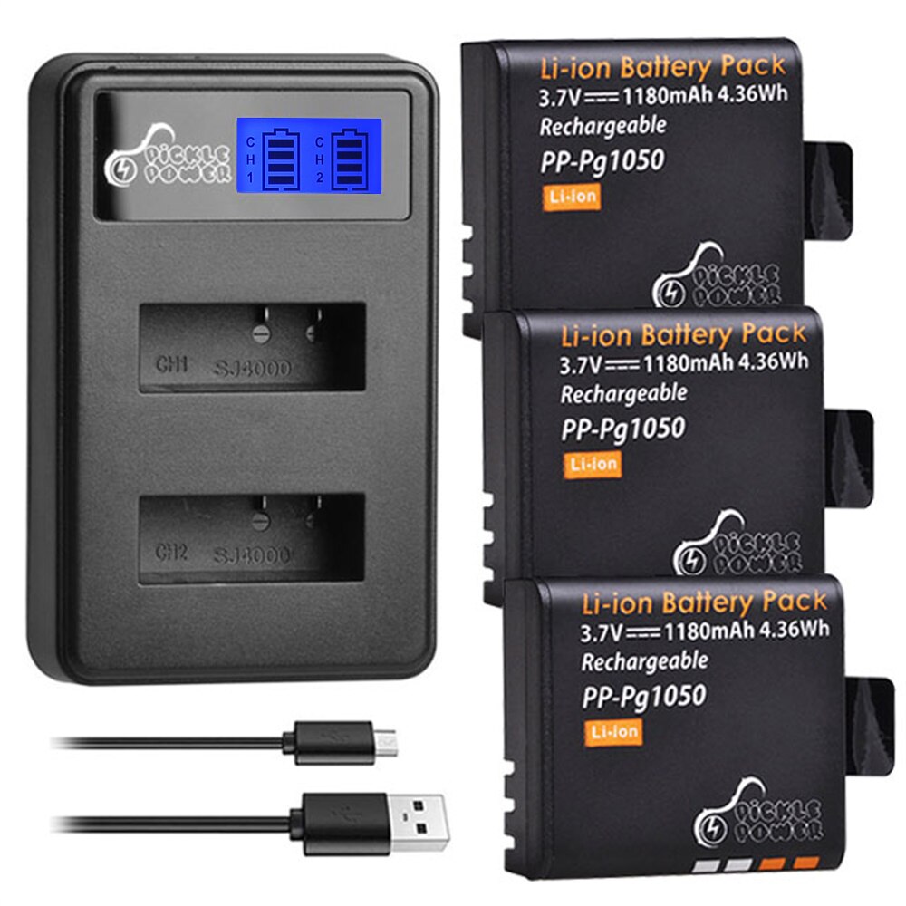 Batería y cargador PG1050 de 1180mAh para SJCAM, SJ4000, WiFi, SJ5000, WiFi Plus, M10, SJ5000 plus, SJ6000, SJ7000: 3 Battery 1 Charger