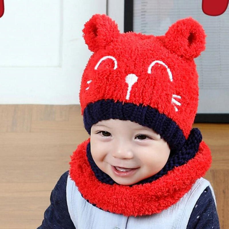Los niños sombrero gorrito para bebé invierno Bebé invierno gatito gorro bufanda para niños conjunto: Rojo / 1-2 años