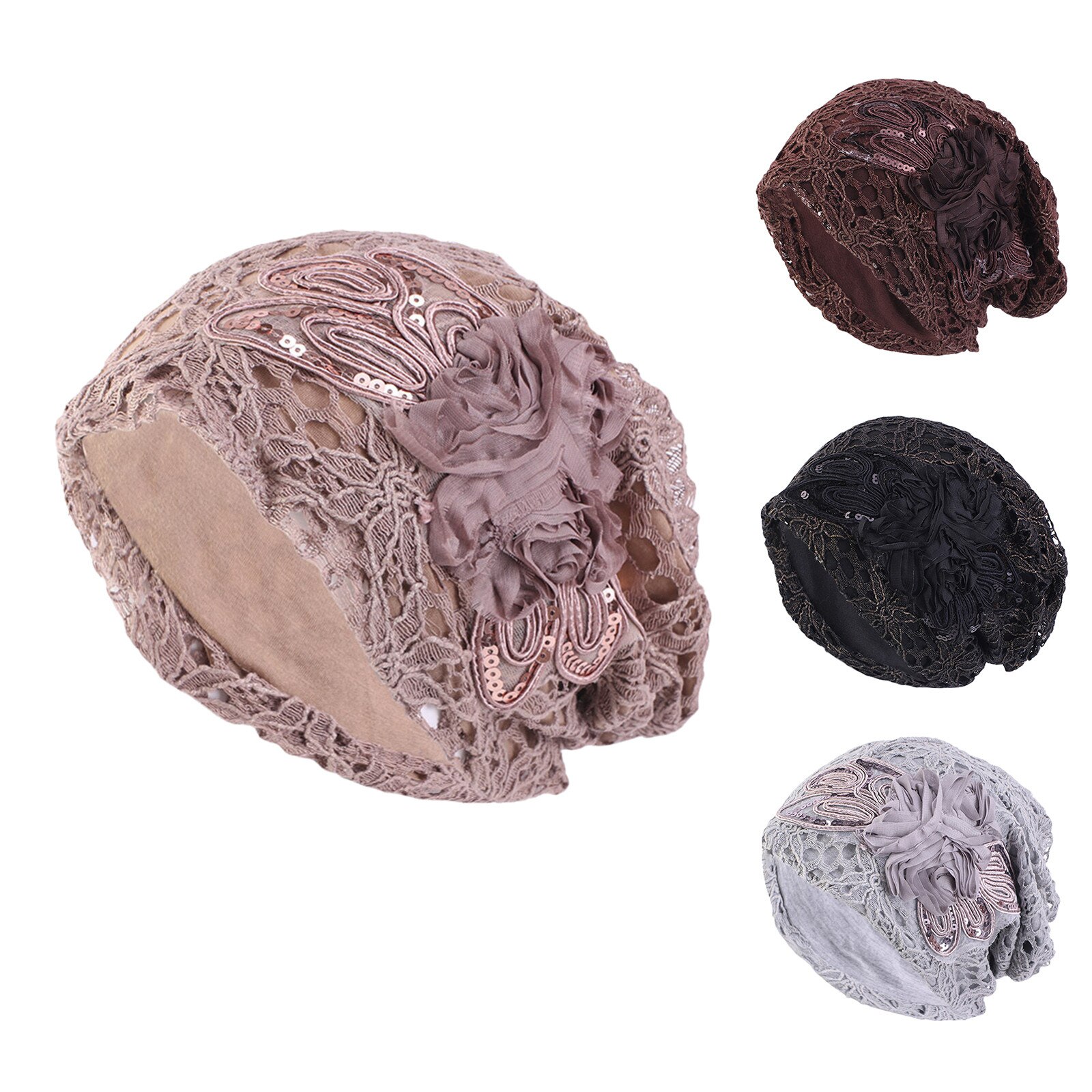 Lady Lace Muslim Ruffle Hat Beanie Scarf Turban Head Wrap Cap Hat Ethnic Style Lace Sequined Large Flower Ear Cap