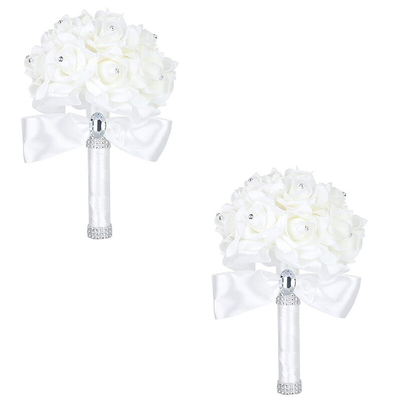 Vacker vit elfenben brud brudtärna blomma bröllop bukett konstgjord blomma ros bukett kristall brud buketter: 2 delar silver