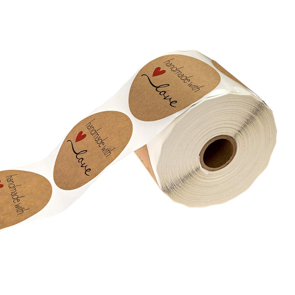 Round Natural Kraft Handmade with Love Stickers 500 Labels Per Roll Baking Cute Handmade Stationery Sticker Seal Sticker 1Inch
