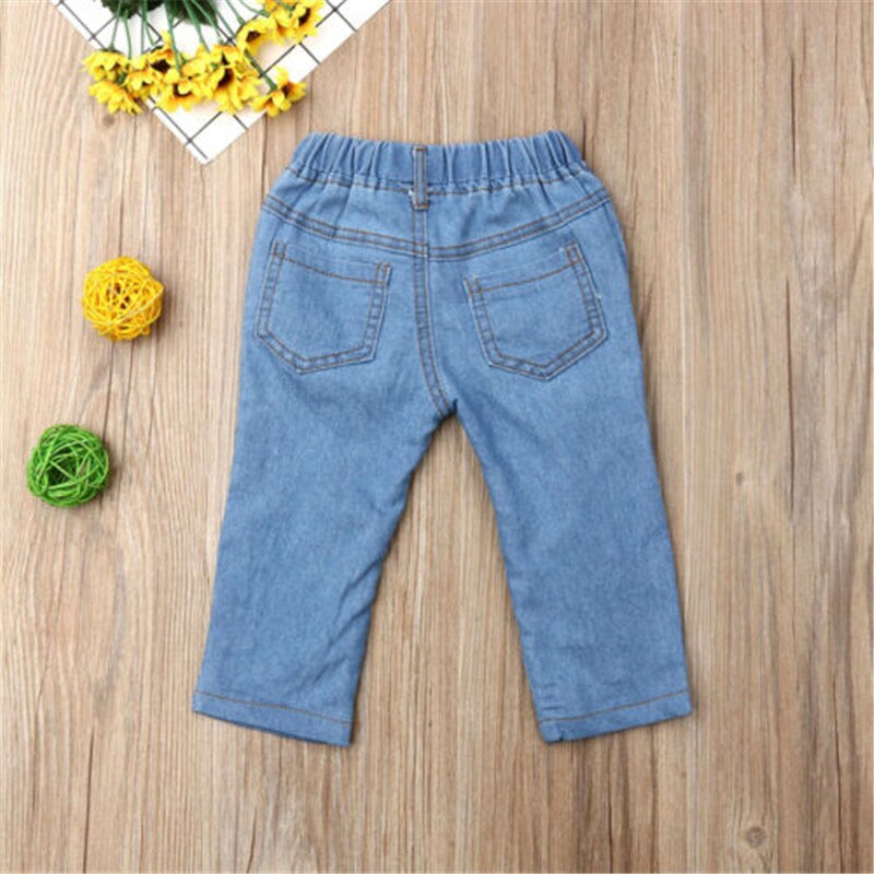 Meninas doces Do Bebê Contas Buraco Caber Jeans Verão Casual Desfiado Buraco Calça Jeans buraco azul Denim Calças Casuais ElasticTrousers