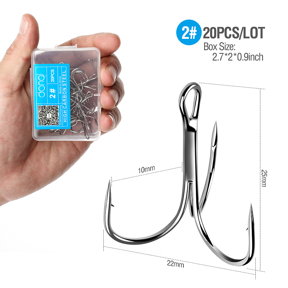 DONQL 20pcs/Box Treble Fishing Hooks Carbon Steel Barbed Fishhooks Set Triple Hooks Sea Fishing Tackle Accessories For Lures: Size 2