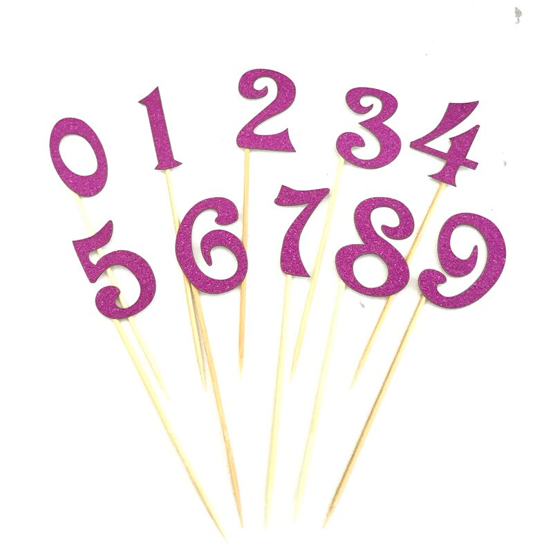 10Pcs/Set 0-9 Gold Silver Glitter Numbers Cake Flag Topper Kit Wedding Children Birthday Cupcake Party Decoration: 10pcs rose pink