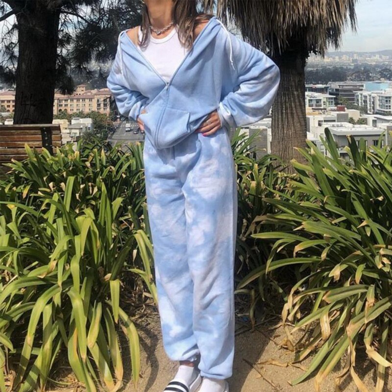 Women Jogging Suit 2 Pieces Tracksuit Tie-dye Printed Sweatsuit Casual Hoodie And Sweat Pants Two Piece Set Outfit