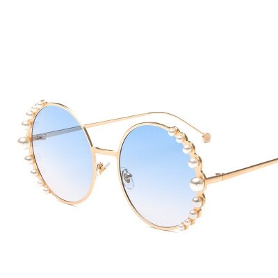 Gafas de sol COOLSIR para mujer, lujosas gafas de sol de perlas, gafas de sol redondas Vintage para mujer, gafas de sol de Metal dorado UV400: blue
