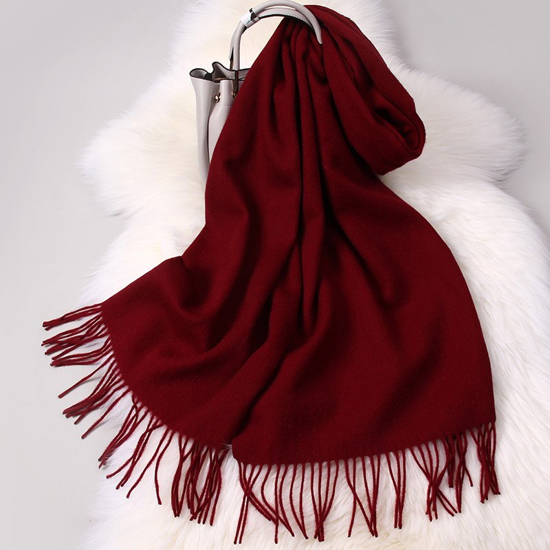 Vinter kvinder tørklæde woo solid echarpe wraps til damer foulard femme med kvast varm merino rød uld tørklæder kashmir: Mørkerød