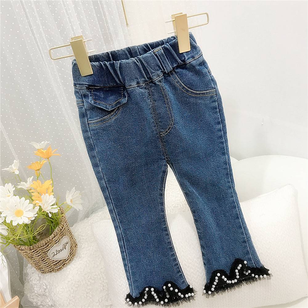 Mode Meisjes Kids Prinses Jeans Flare Broek Lente Herfst Lange Kinderen Baby Lace Kralen Denim Broek Broek S12091