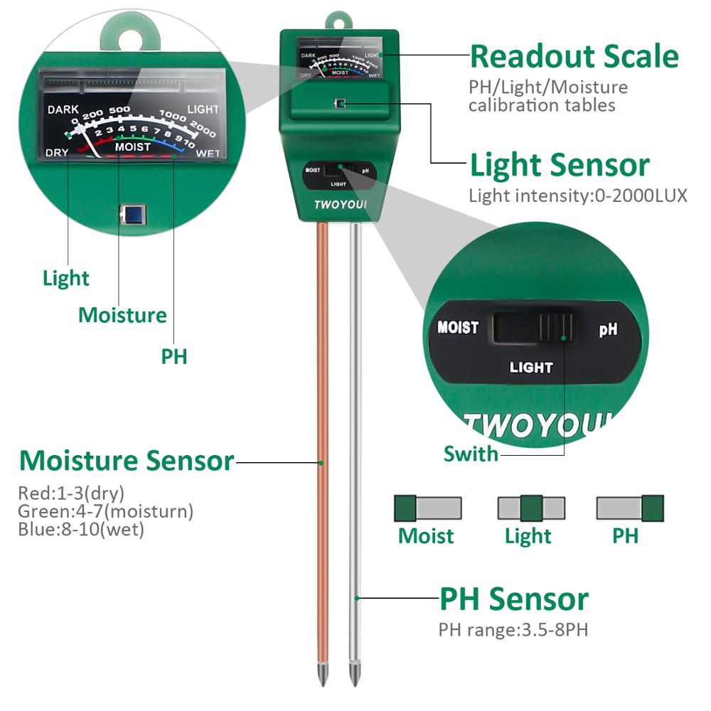 Inomhus utomhus jord ph-mätare 3- i -1 fuktsensor mätare solljus ph jord test kit testfunktion för hem trädgård växter gård