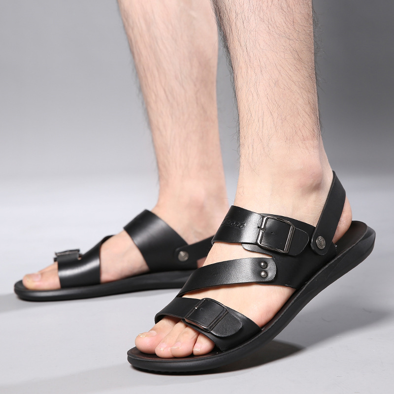 HKXN 2022 Men Sandals split Leather Soft Non-slip Beach Summer Sandals Slippers Slip-On Flats Flip Flop Sandals T