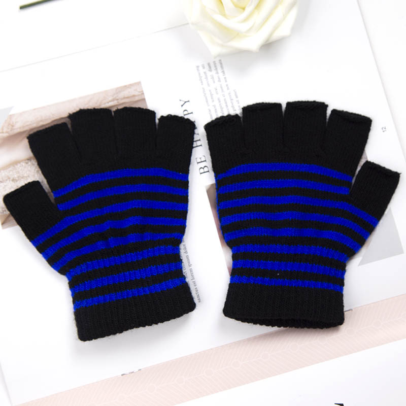 1 paar unisex zwarte strepen halve vinger vingerloze handschoenen voor dames wol gebreide pols katoenen handschoenen winter warme heren trainingshandschoenen: Blauw