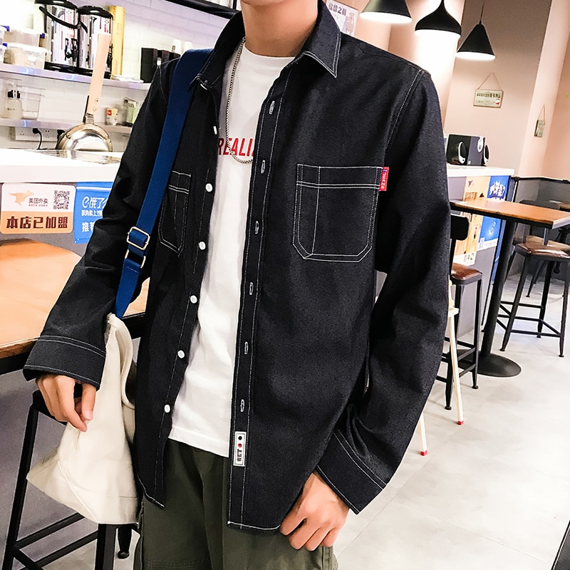 Lente Mannen Casual Zwarte Denim Shirt Slanke Lange Mouw Mannen Drie-Kleur M-4XL