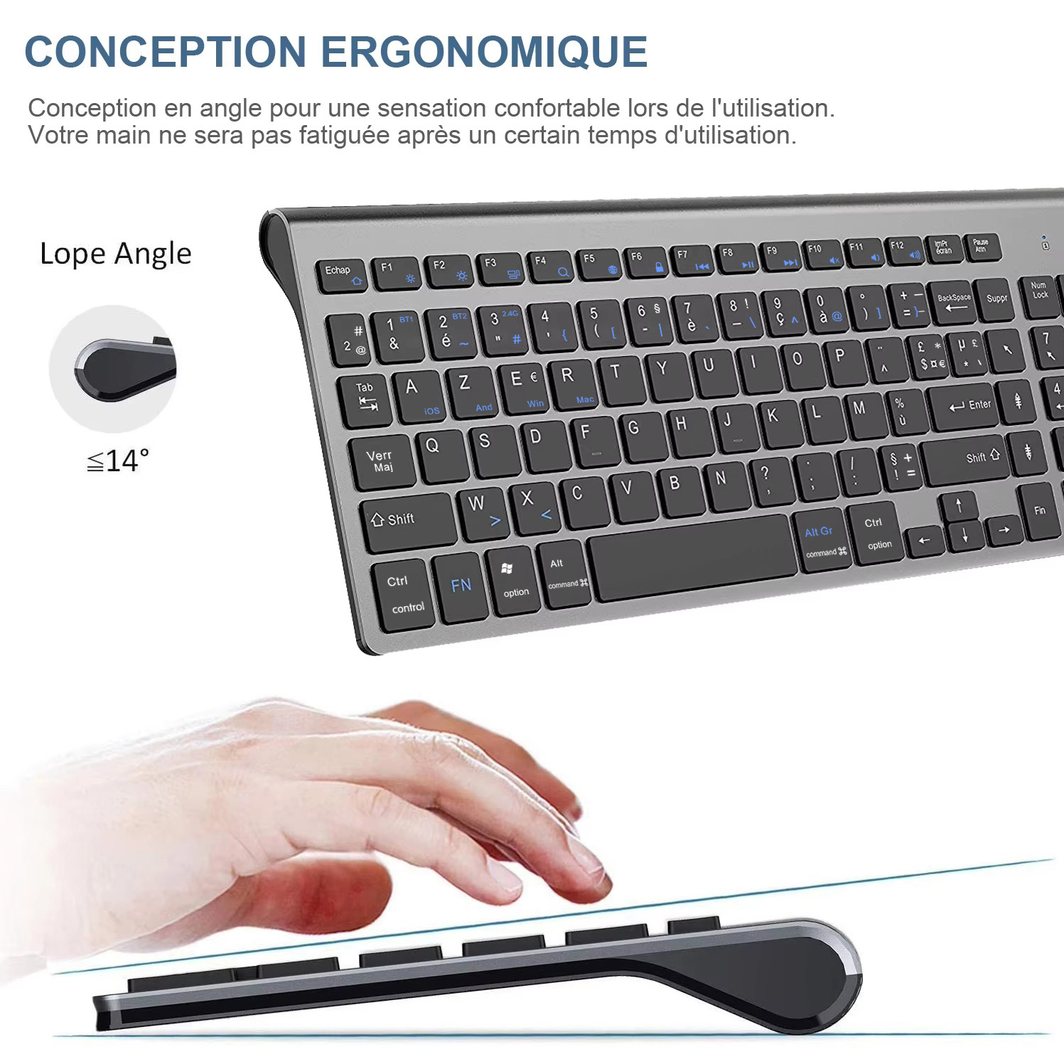 French Wireless AZERTY Layout Keyboard Ultra Slim Dual Mode Three Channel Bluetooth Keyboard for PC Windows IOS Mac Android
